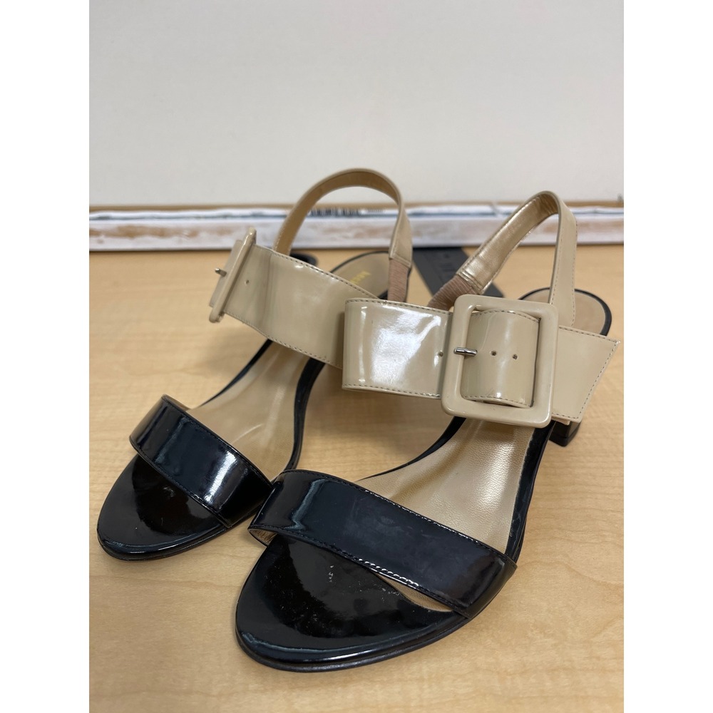 Heckel Verri Black Beige Patent Leather Buckle Slingback Block Heel Sandals 35